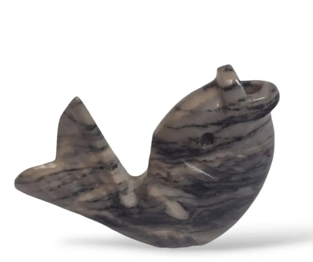 Carved Stone Bass Fish Figurine Grey Black Paperweight Pen Holder